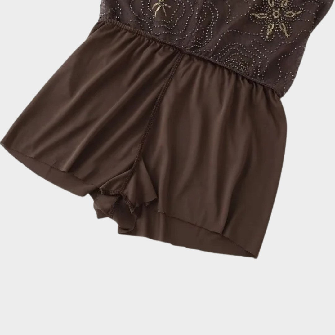 Bruna vida palazzobyxor med pärlbroderi paljetter och låg midja