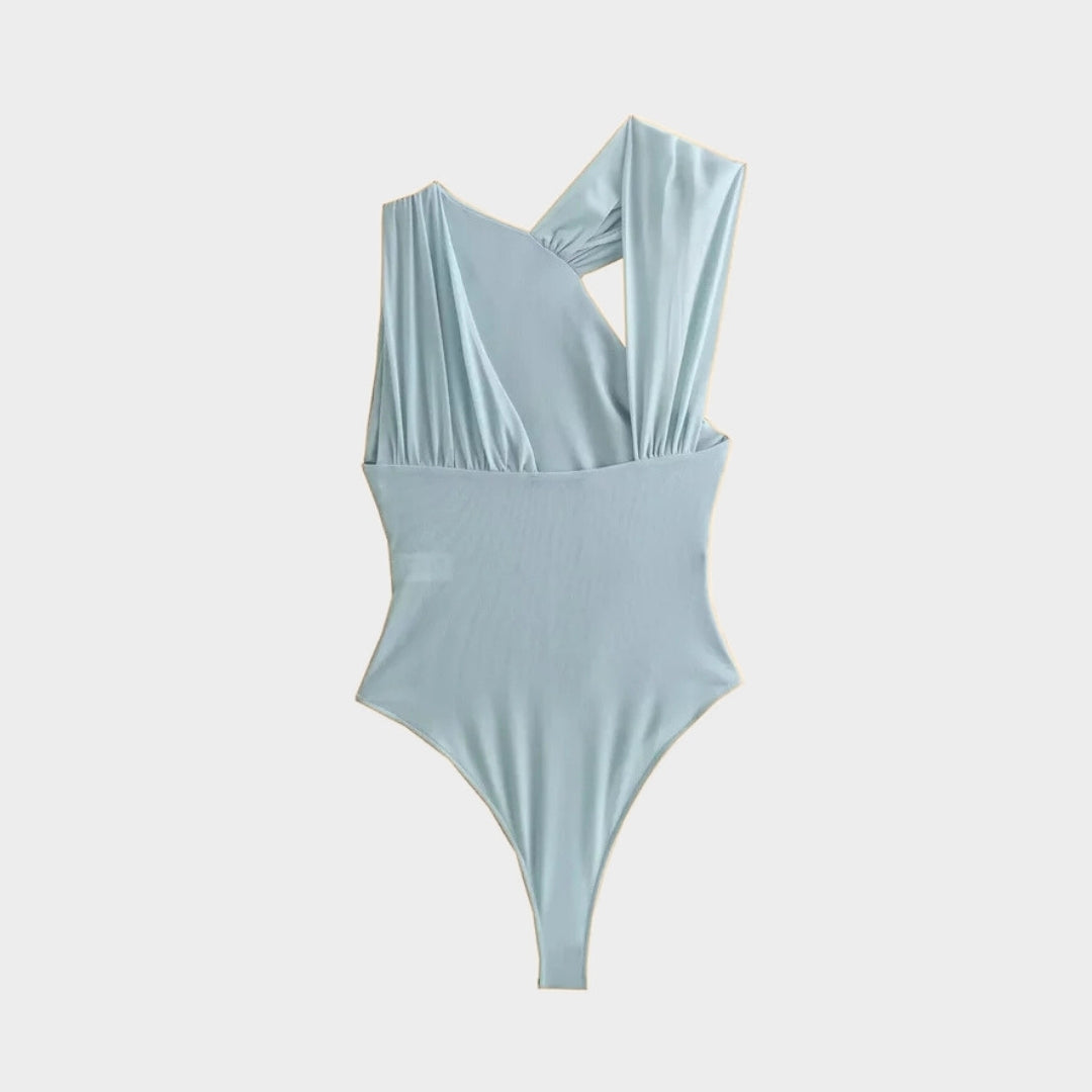 Printad body med rynkad front meshtyg smal passform och draperad design