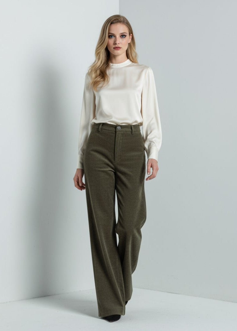 Högmidjade raka byxor i stretch med fickor