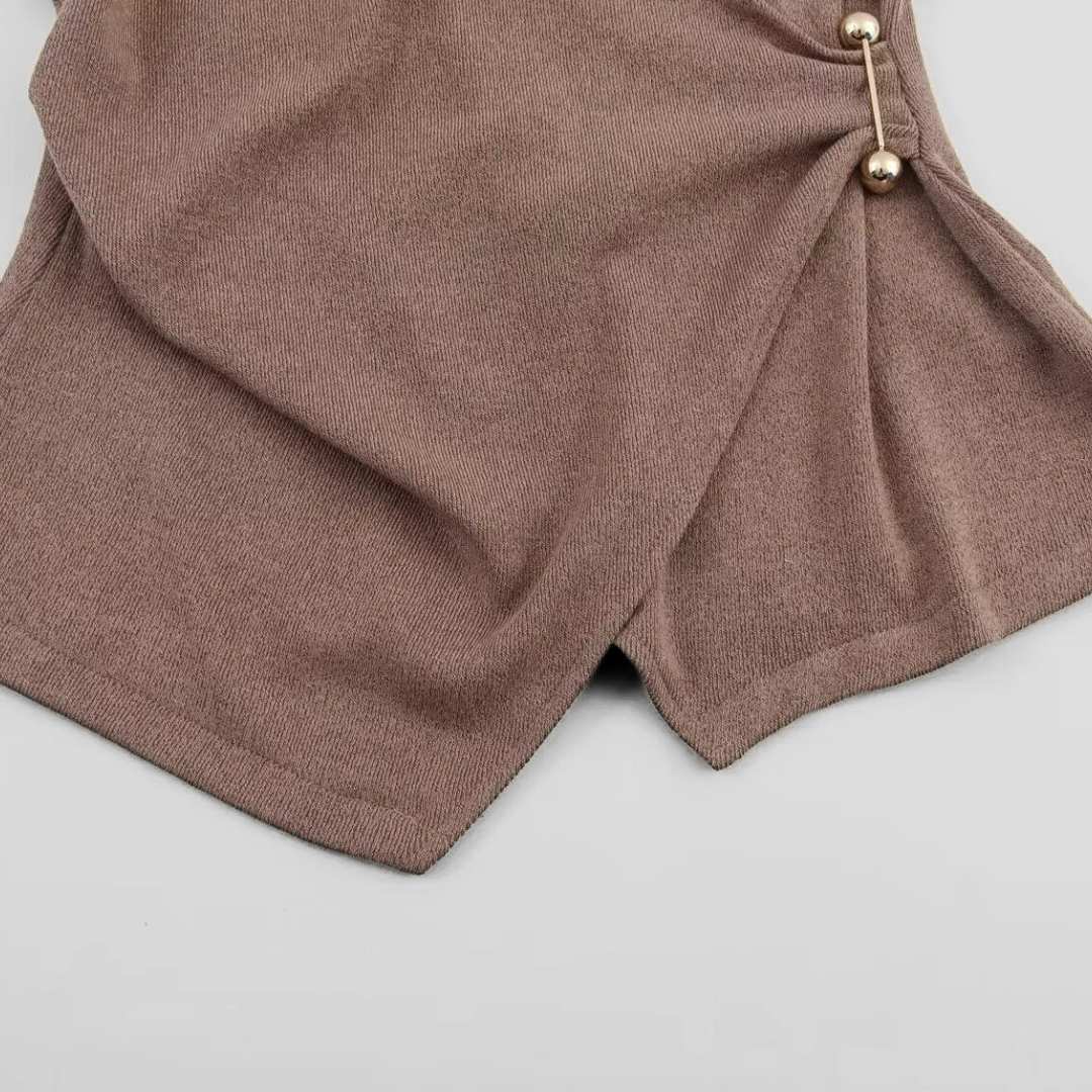 Brun Tvådelat set med omlottopp och vida byxor i stretchigt trikåmaterial