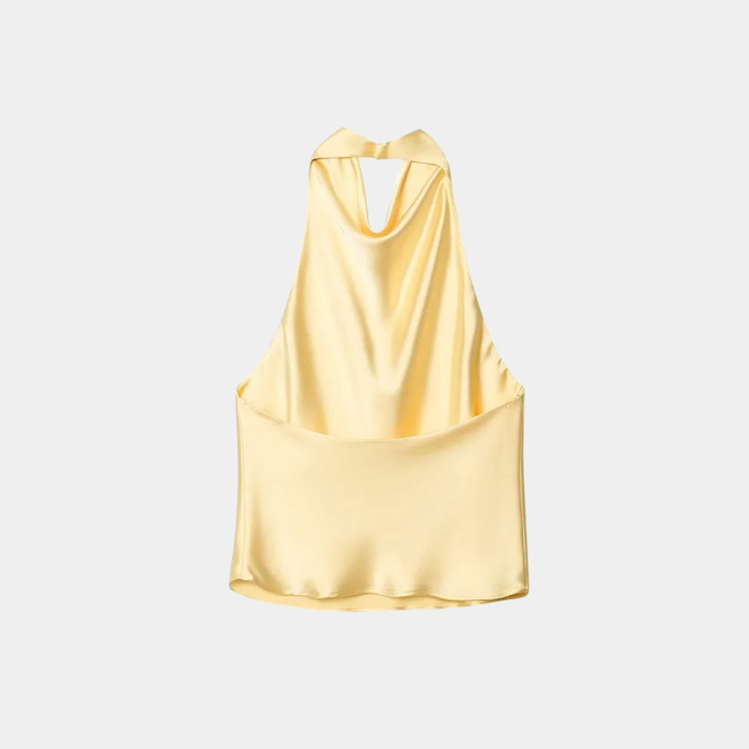 Satinlinne med halterneck och bar rygg i somrig design