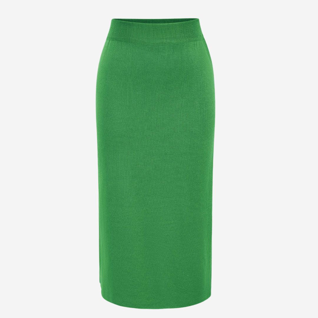 Tvådelat stickat set med gigotärmar och figursydd kjol