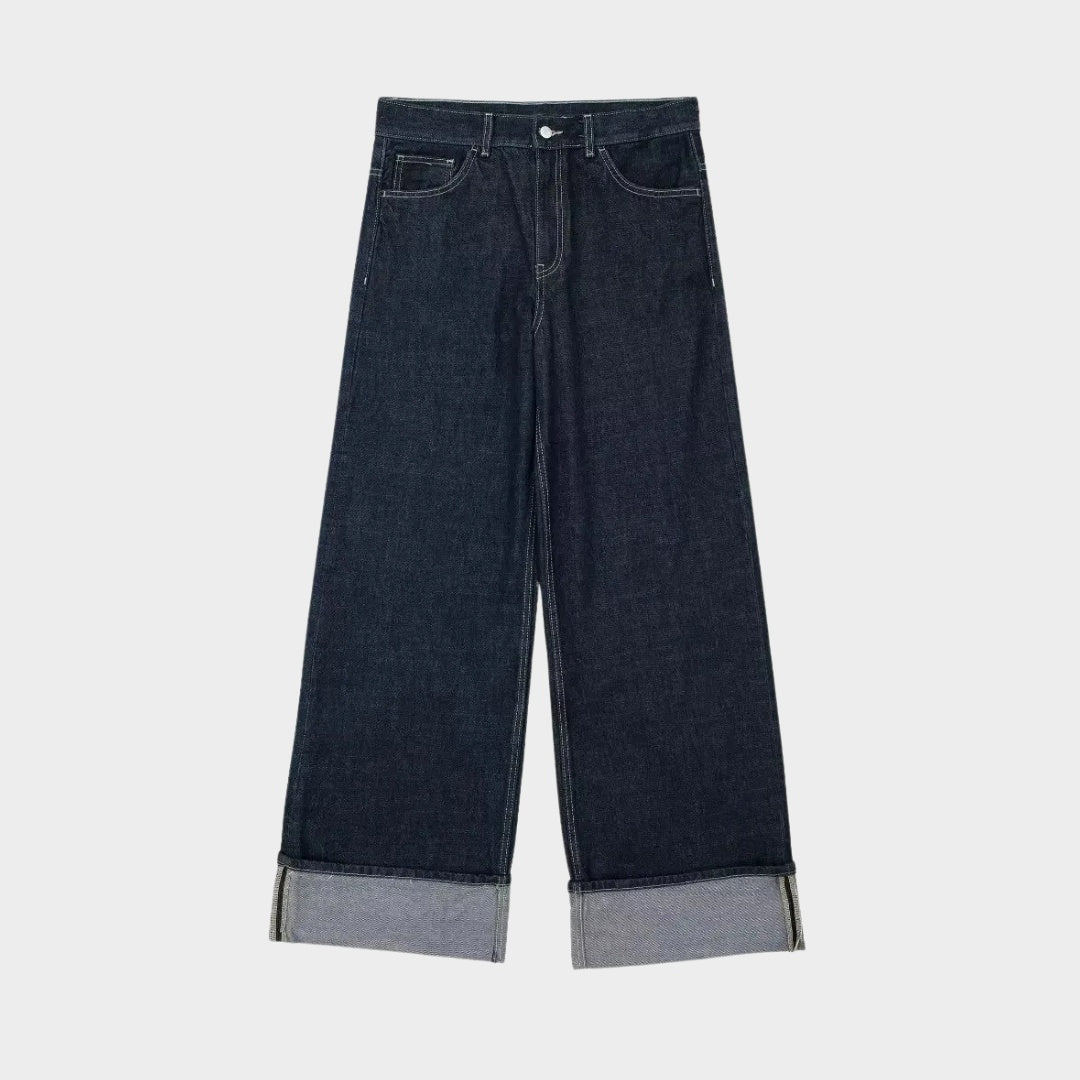 Vida jeans i kraftigt denim med breda uppvik