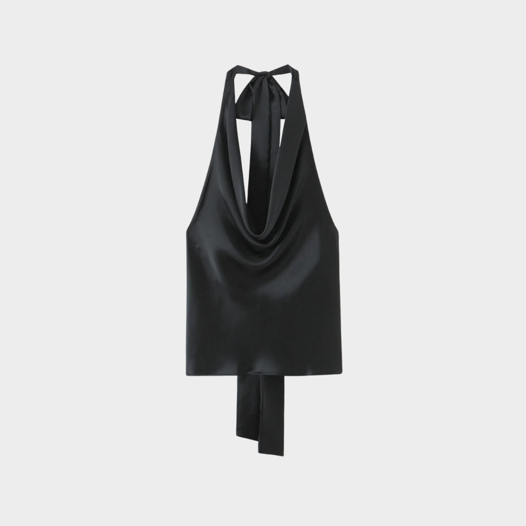 Satintopp med halterneck, knytband och öppen rygg i sommarstil