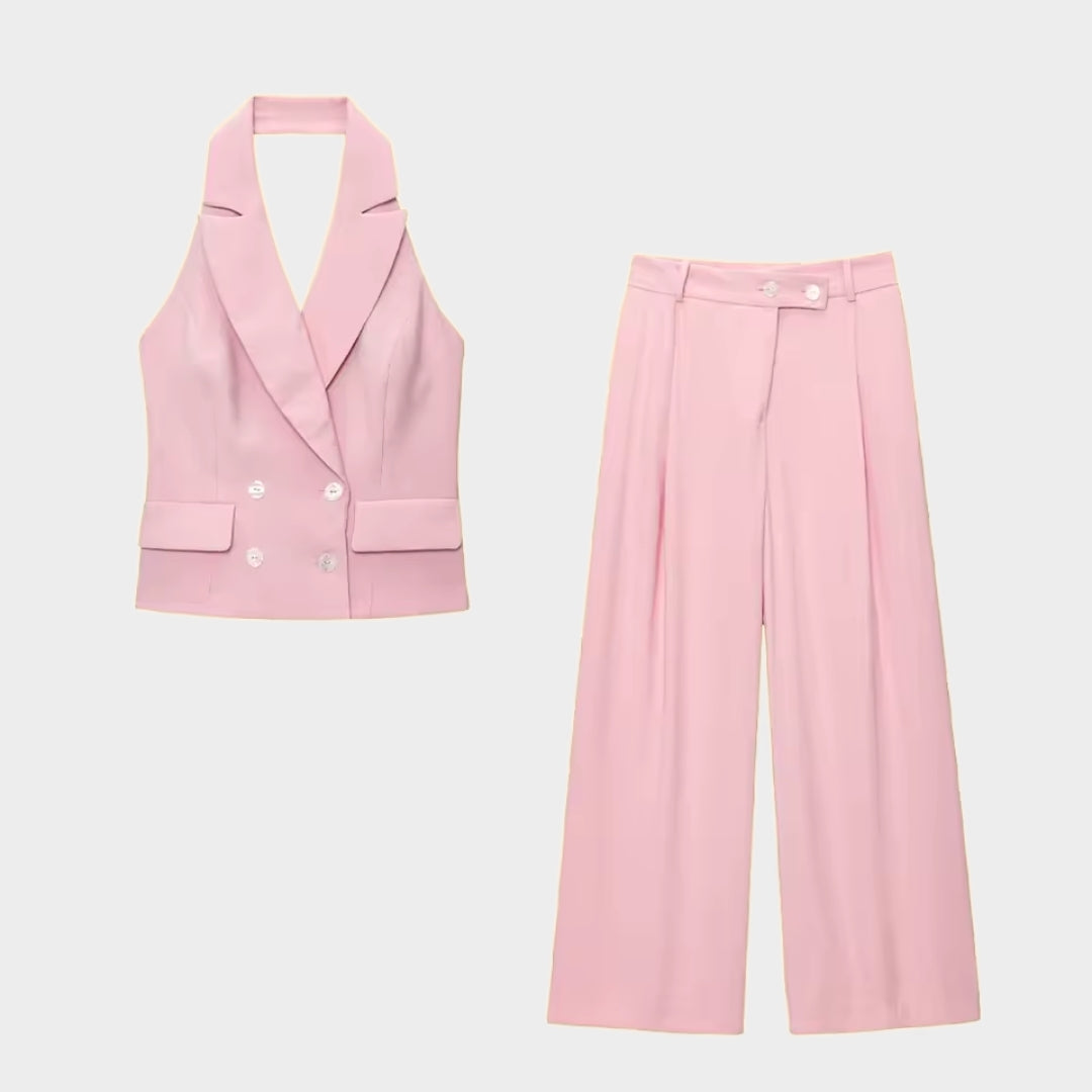 Rosa Ärmlös kavajväst med slag och vida byxor set