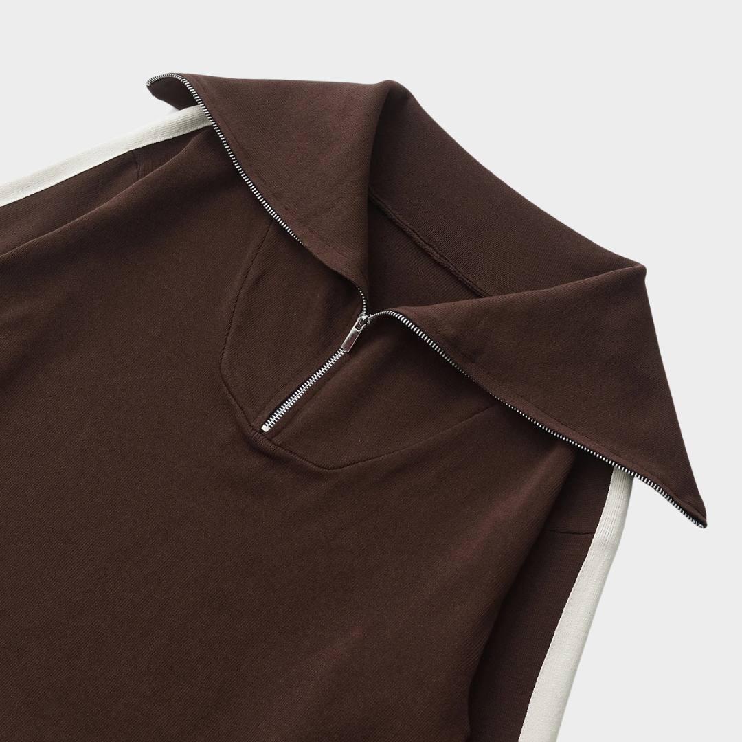 Elegant brun tjock tracksuit med zip hoodie och raka byxor