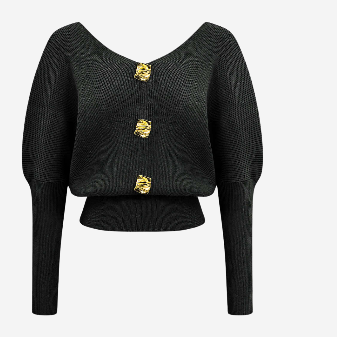 Stickad topp med dekorativa knappar och djup urringning för elegant vardagsstil