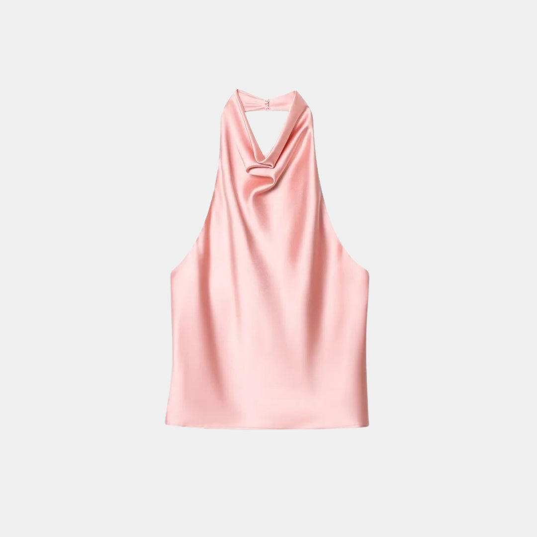Satinlinne med halterneck och bar rygg i somrig design