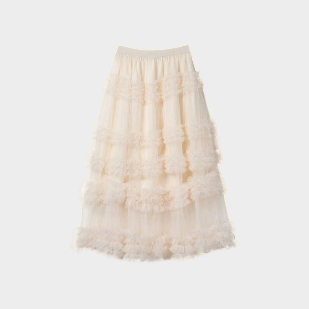 Kjol i spets med lagerdetaljer, naturlig midja, A-linje silhuett och volym