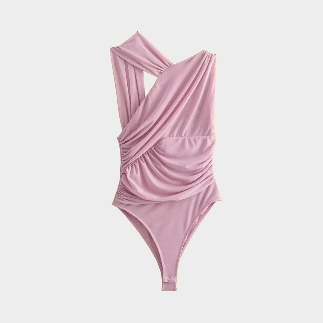 Printad body med rynkad front meshtyg smal passform och draperad design