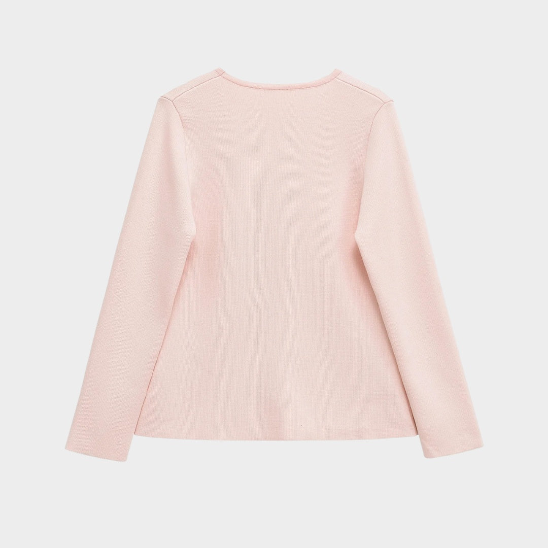 Pastellfärgad stickad kofta med V-ringning och guldfärgad knapp