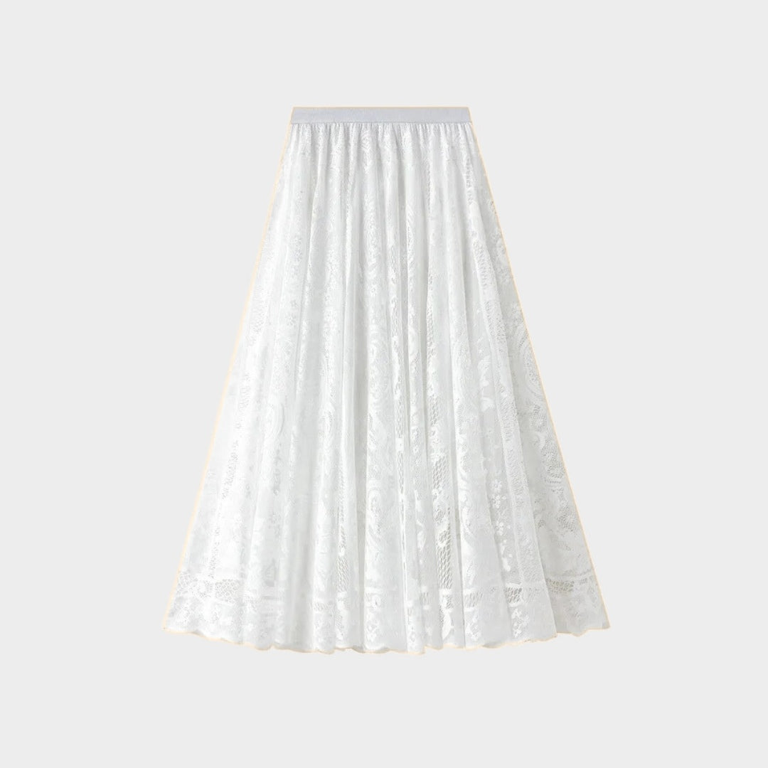 Kjol i spets med naturlig midja, ankellängd, A-linje silhuett och delikat struktur