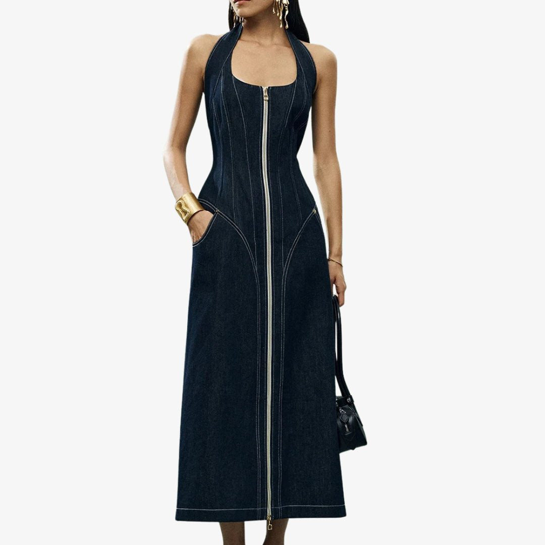 Denim Halterneck Maxiklänning med Korsettliv