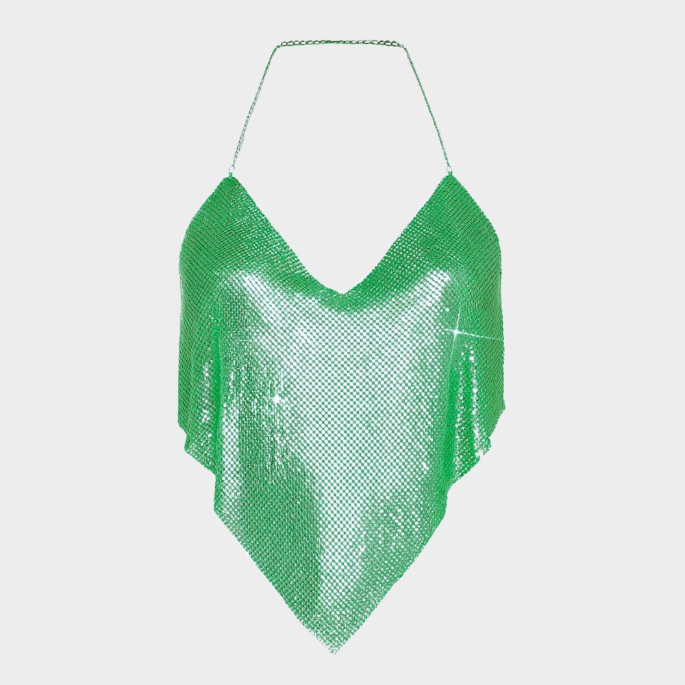 Paljettlinne med kedjeband och öppen rygg i clubstil