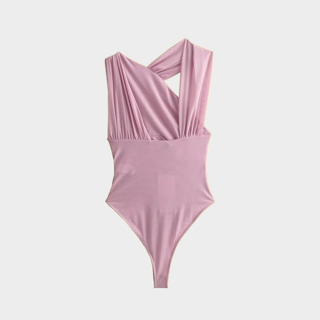 Printad body med rynkad front meshtyg smal passform och draperad design