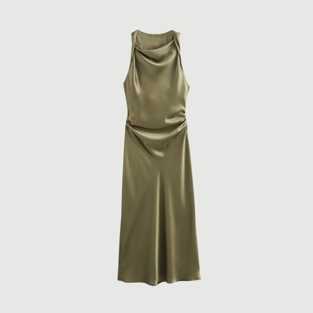 Satinklänning i halterneck med A-linjeform och midilängd