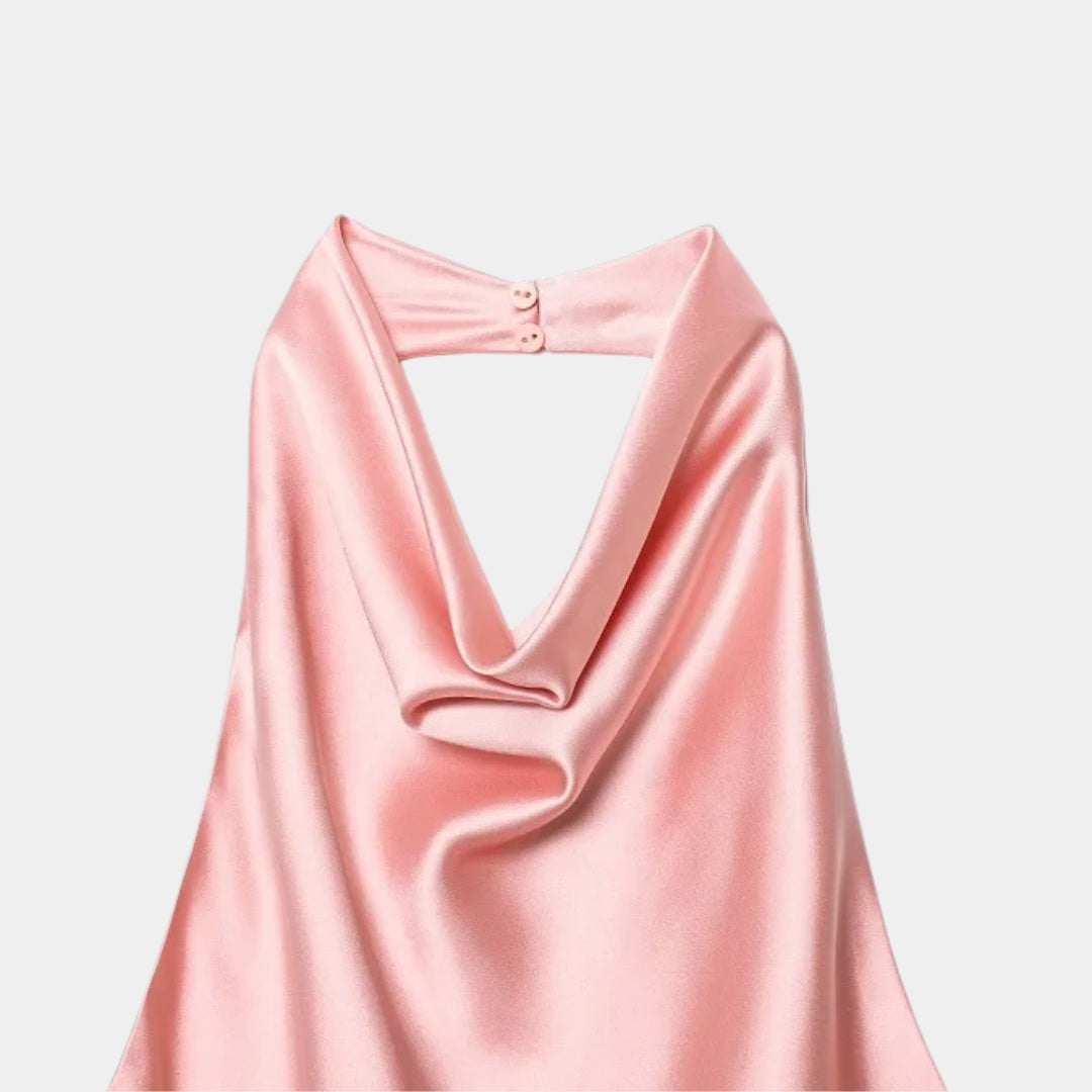 Satinlinne med halterneck och bar rygg i somrig design