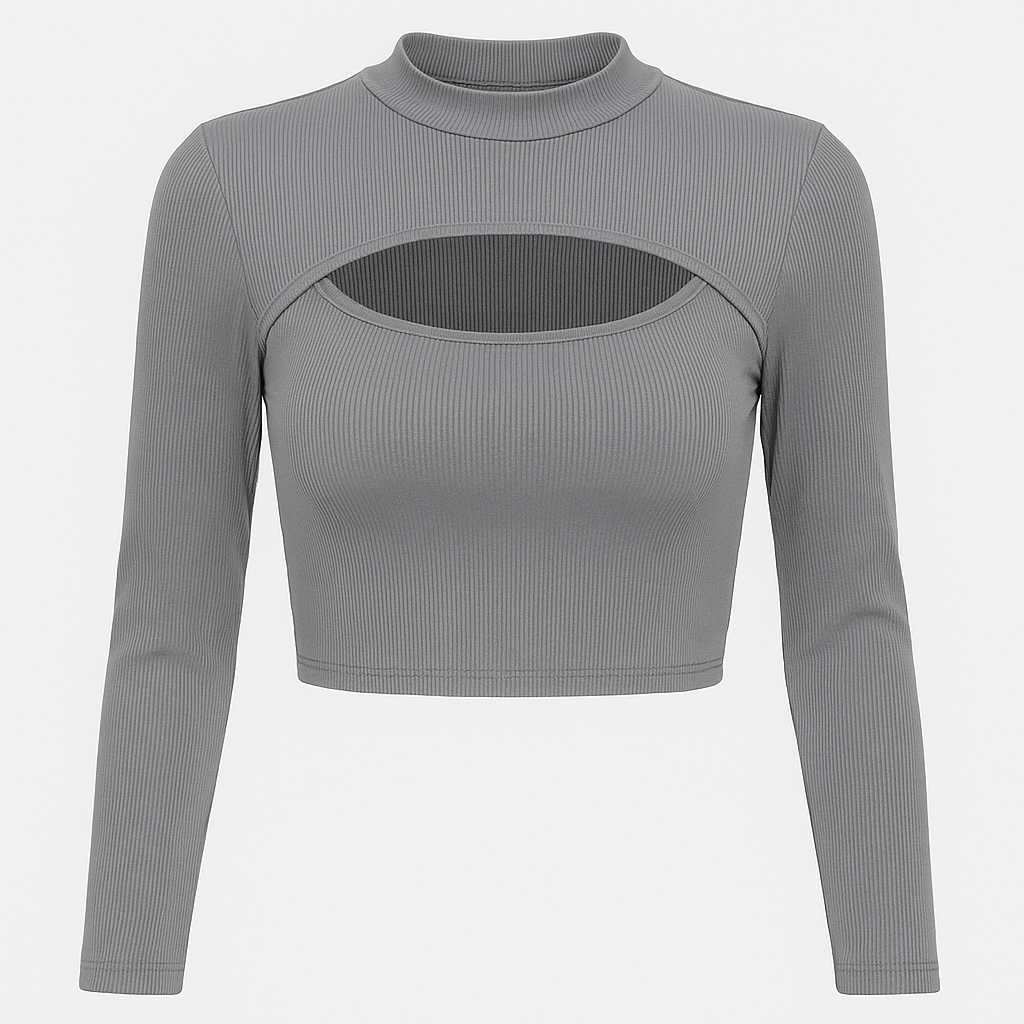 Ribbad Crop Top med Utskuren Detalj och Hög Krage