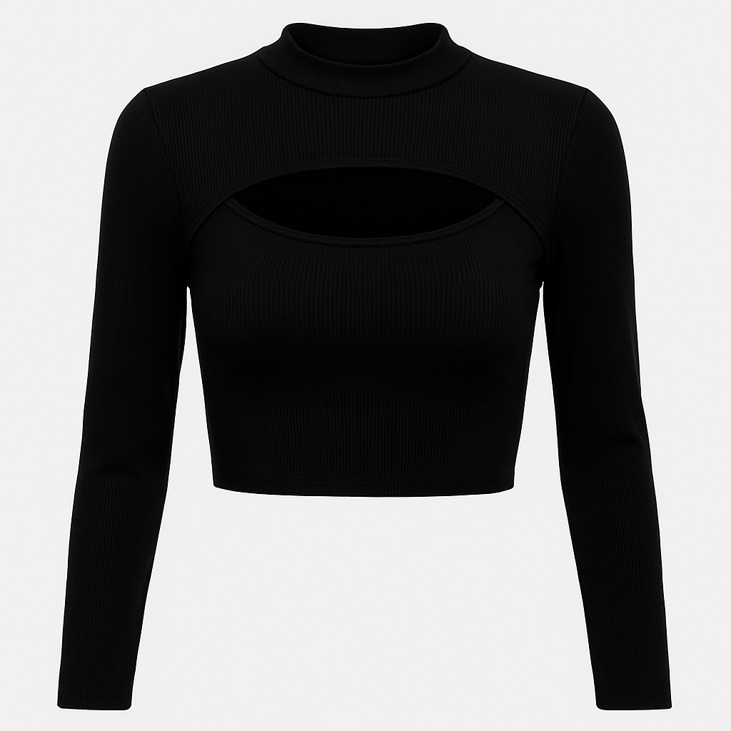 Ribbad Crop Top med Utskuren Detalj och Hög Krage