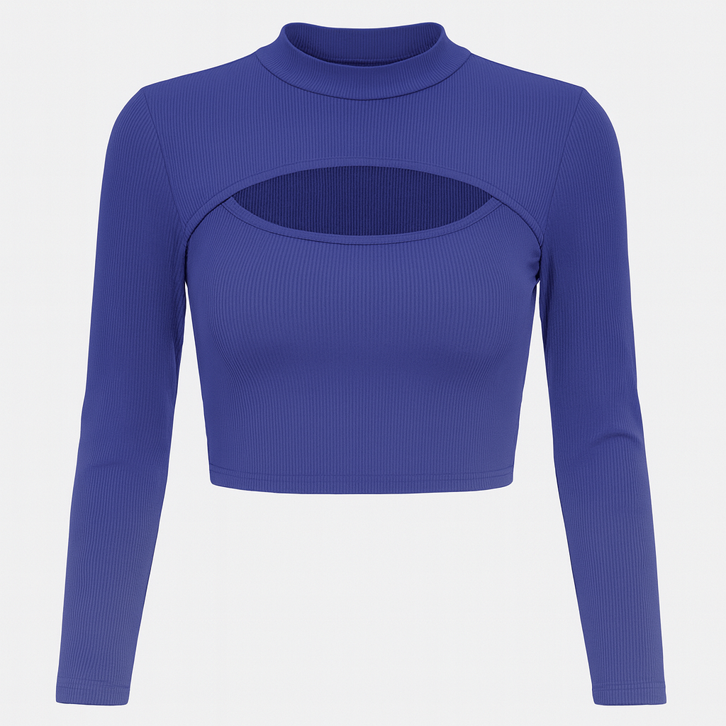 Ribbad Crop Top med Utskuren Detalj och Hög Krage