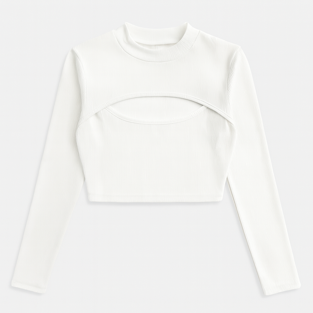 Ribbad Crop Top med Utskuren Detalj och Hög Krage