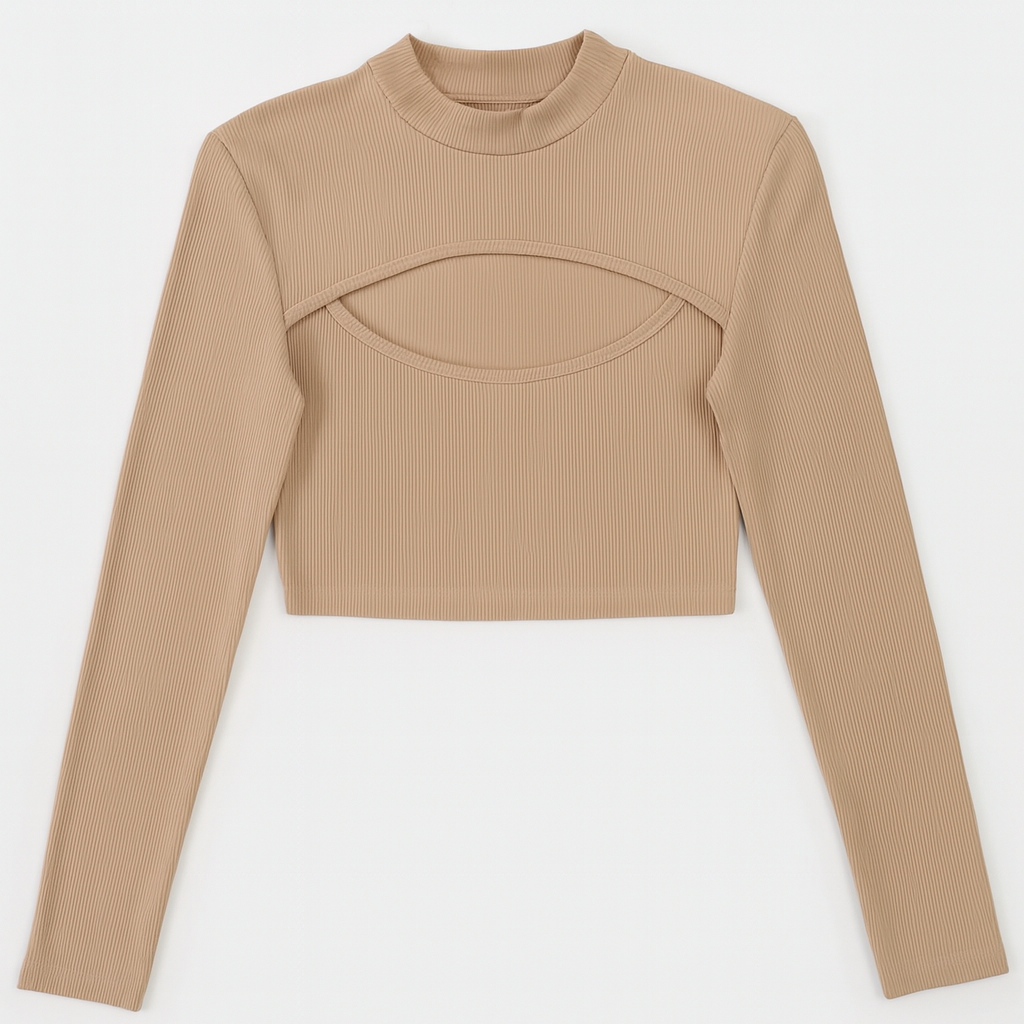 Ribbad Crop Top med Utskuren Detalj och Hög Krage