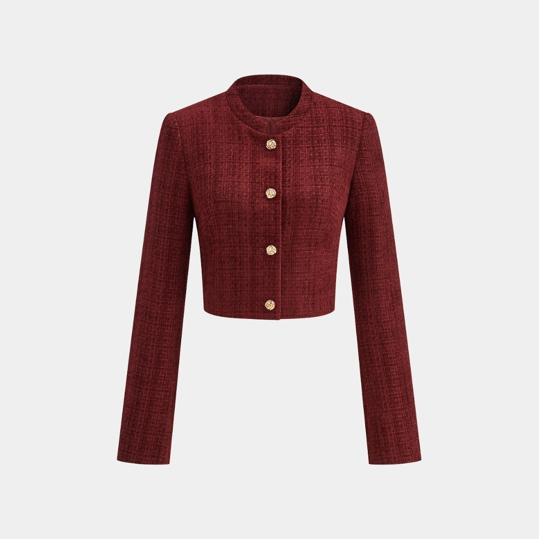 Kort vinröd tweedjacka med rund halsringning och dekorativa guldknappar
