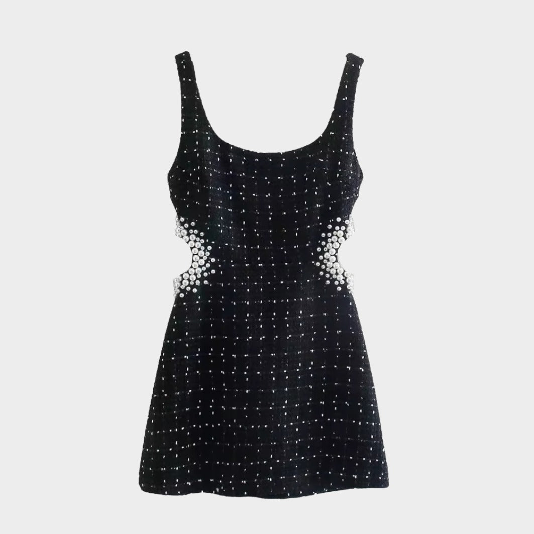 Svart ärmlös miniklänning med pärldetaljer