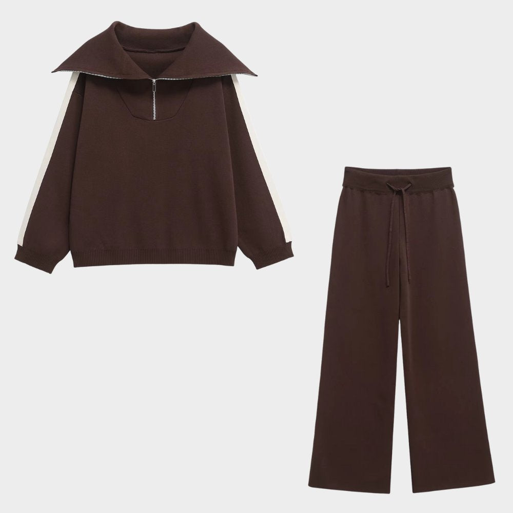 Elegant brun tjock tracksuit med zip hoodie och raka byxor