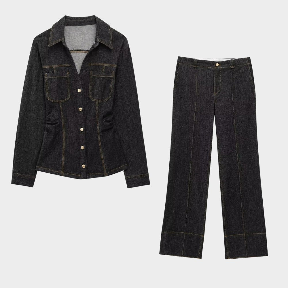 Tvådelad denimset med jacka enkel knäppning och vida byxor