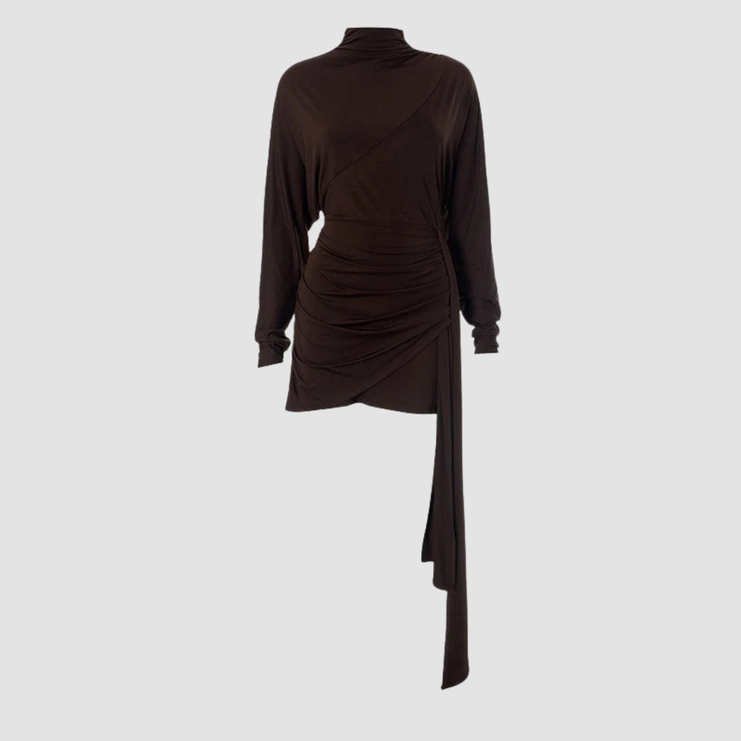 Asymmetrisk brun miniklänning med knytband och fladderärmar