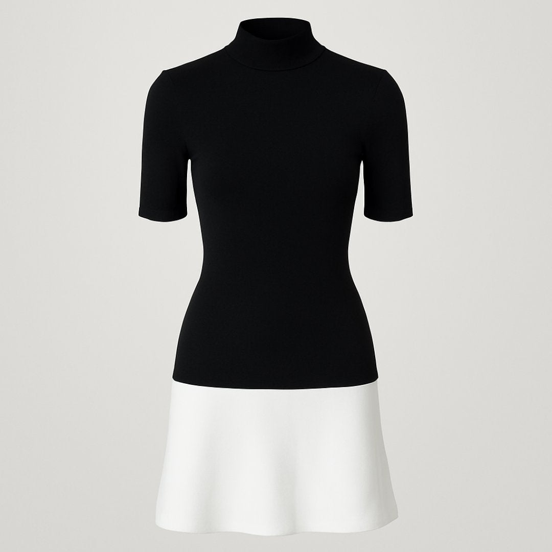 Tvåfärgad trikåklänning med polokrage och halvlånga ärmar