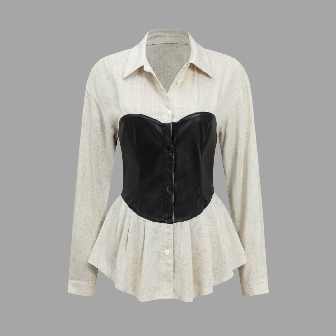 Beige skjorta i linneliknande tyg med svarta kontrastdetaljer