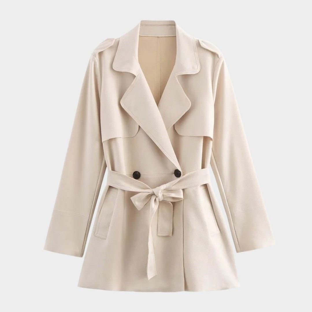 Beige trenchcoat i mockaliknande tyg med bälte