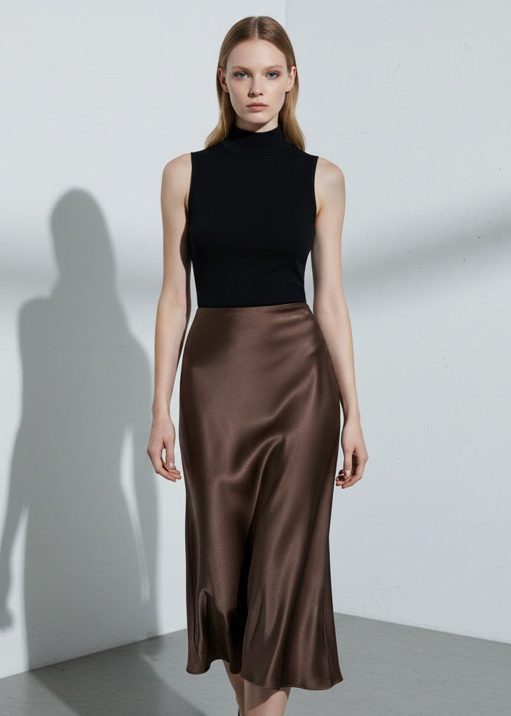 Satinkjol i midilängd med hög midja och A-linjeform