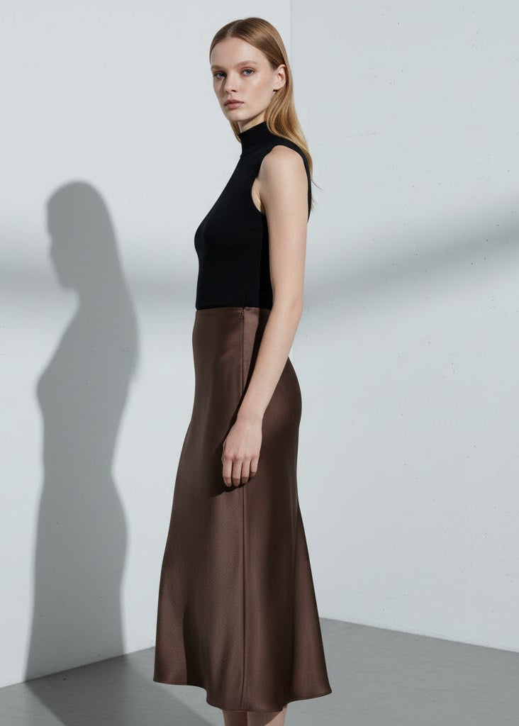 Satinkjol i midilängd med hög midja och A-linjeform