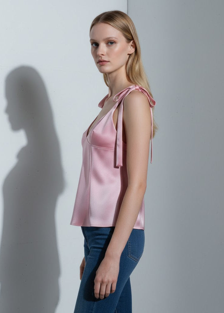 Satintopp med knytbara axelband och kort skärning