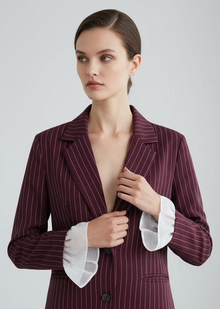 Vinröd randig kavaj med dekorativa volangärmar i kontrasttyg