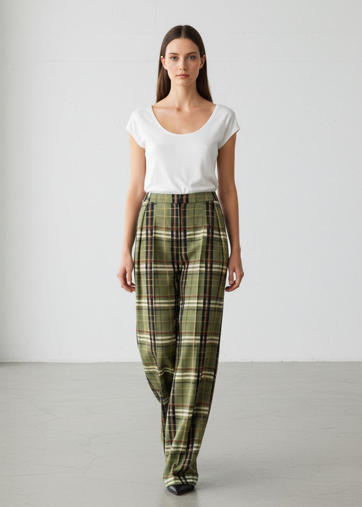 Olivgröna vida byxor med hög midja och rutigt mönster