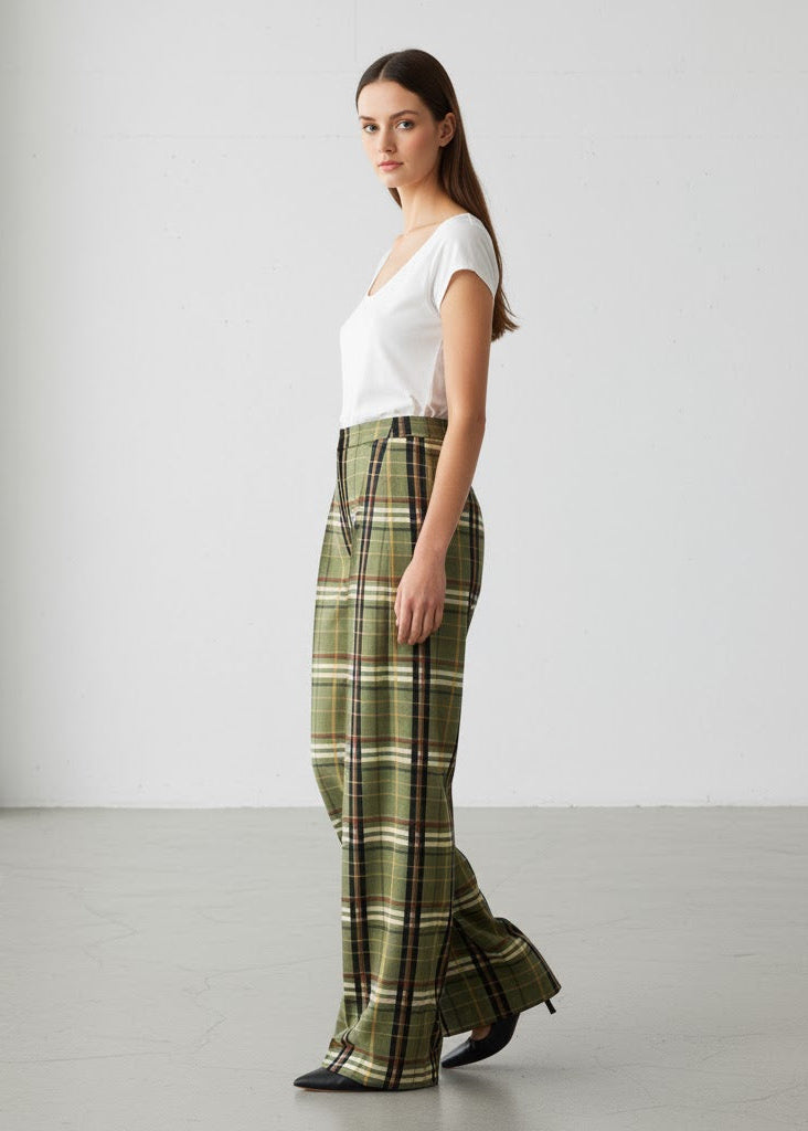 Olivgröna vida byxor med hög midja och rutigt mönster