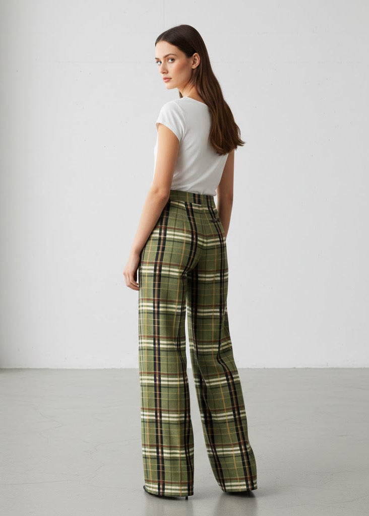 Olivgröna vida byxor med hög midja och rutigt mönster