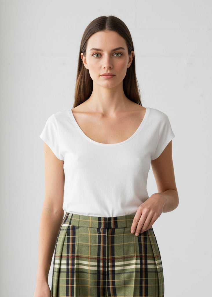 Olivgröna vida byxor med hög midja och rutigt mönster