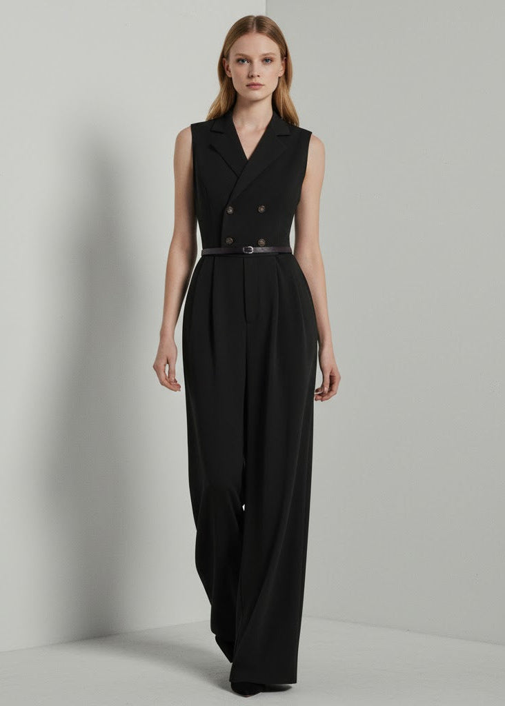 Ärmlös byxdress med kavajkrage och raka ben