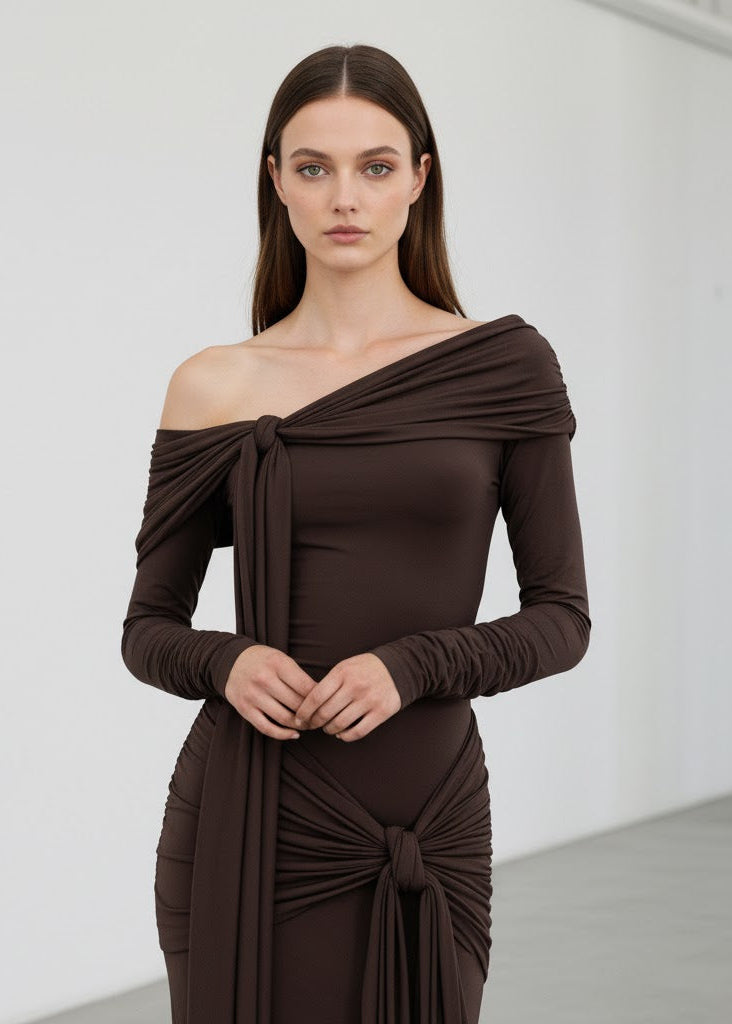 Axelbandslös lång klänning med draperade knytband och kroppsnära passform i mjuk stretchig trikå