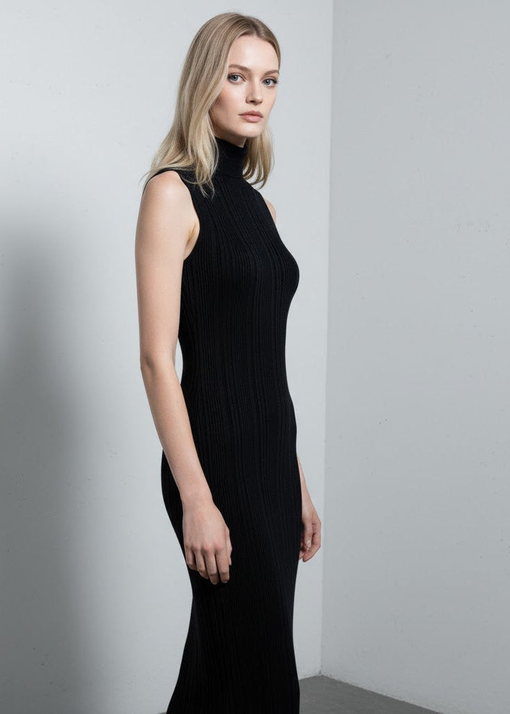 Svart ribbstickad ärmlös midiklänning i figurnära modell med polokrage och elegant minimalistisk design