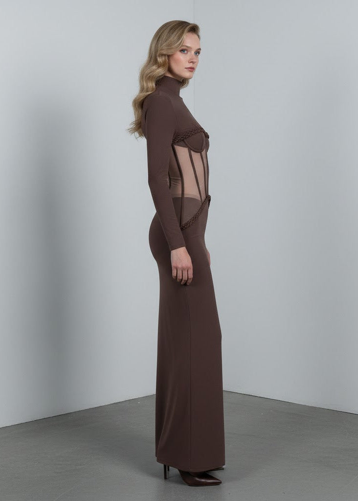 Mörkbrun kroppsnära maxiklänning med transparent korsettpanel och turtleneck