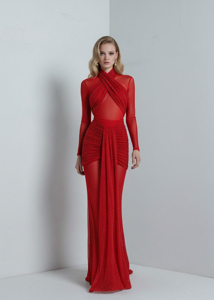 Röd transparent paljettklänning med korslagd överdel och hög hals