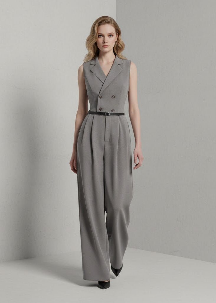 Ärmlös byxdress med kavajkrage och raka ben