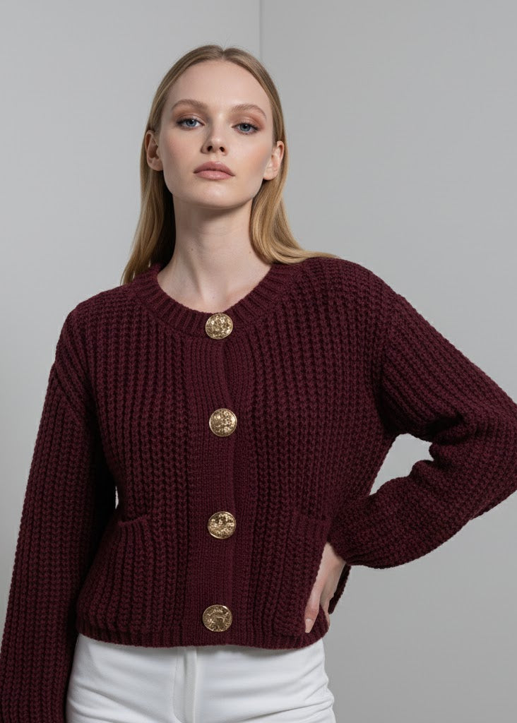 Vinröd grovstickad kort kofta med guldknappar och fickor för dam