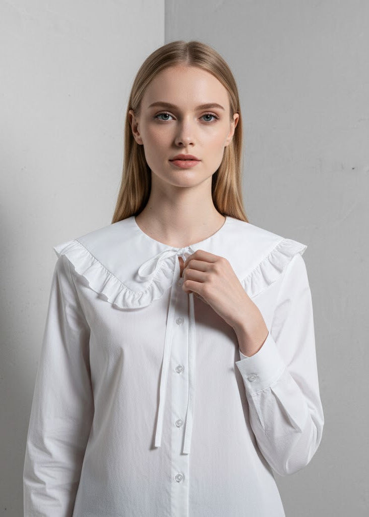 Klassisk blus med volangkrage knytband och eleganta detaljer
